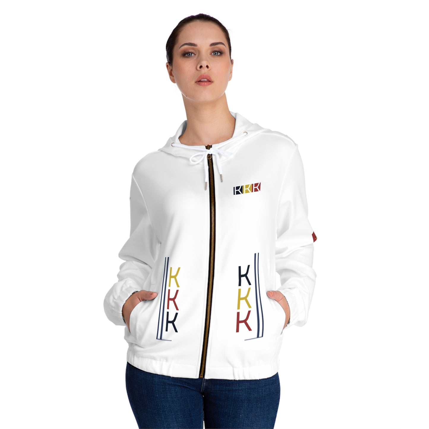 DOUBLE 3K Women's Full-Zip Hoodie with Colorful Shield Emblems - Stylish & Functional Layer for Everyday Wear