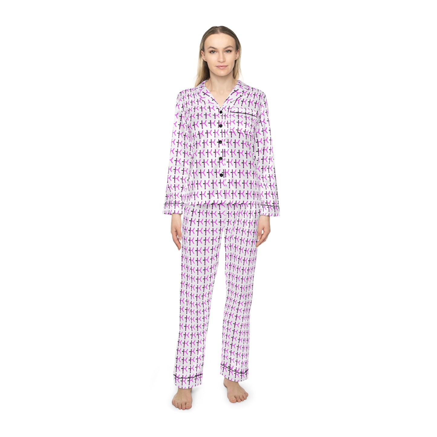 Elegant Women's Satin Pajamas Set - Soft Purple Patterned Sleepwear