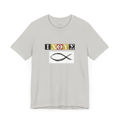 FISH IXO  Unisex Jersey Short Sleeve Tee – Graphic Shield Design for Faith and Style