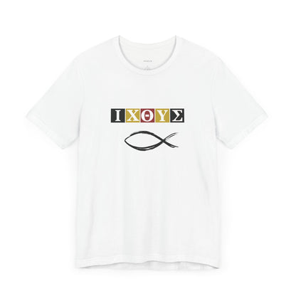 FISH IXO  Unisex Jersey Short Sleeve Tee – Graphic Shield Design for Faith and Style