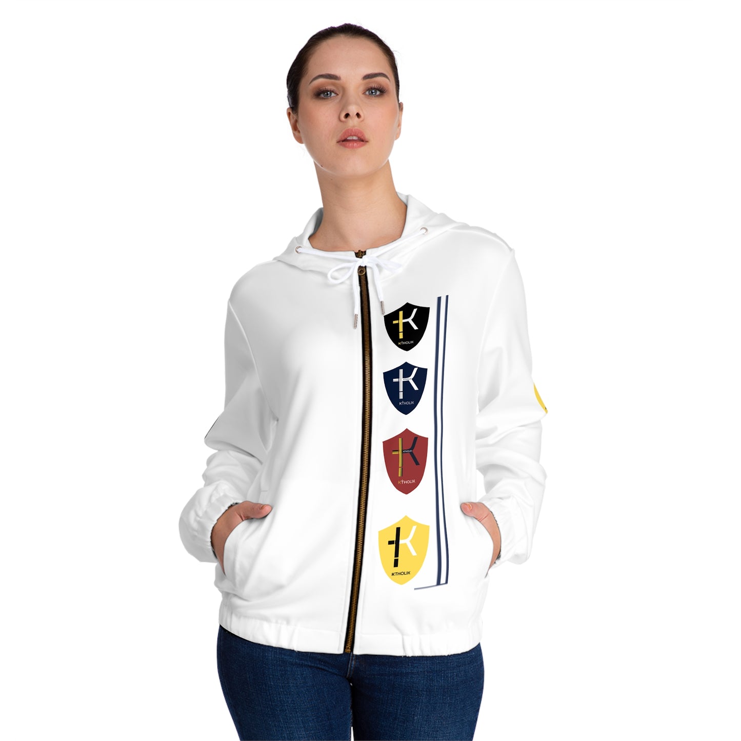 Women's Full-Zip Hoodie with Colorful Shield Emblems - Stylish & Functional Layer for Everyday Wear