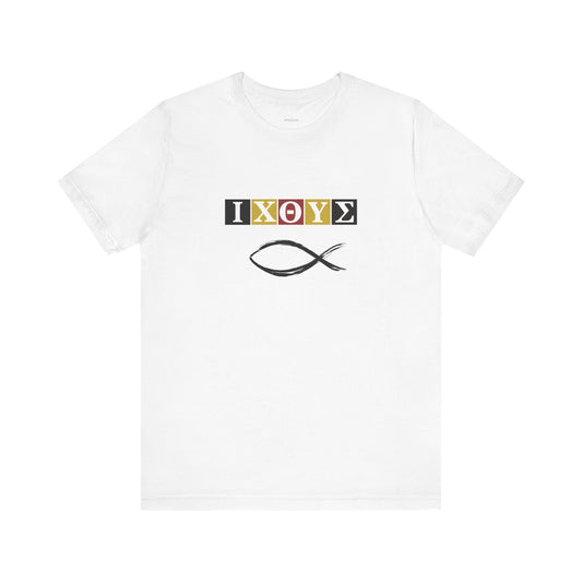 FISH IXO  Unisex Jersey Short Sleeve Tee – Graphic Shield Design for Faith and Style