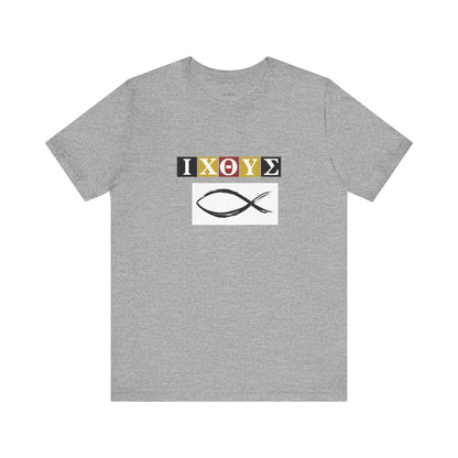 FISH IXO  Unisex Jersey Short Sleeve Tee – Graphic Shield Design for Faith and Style