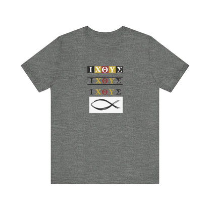 3FISH IXO  Unisex Jersey Short Sleeve Tee – Graphic Shield Design for Faith and Style