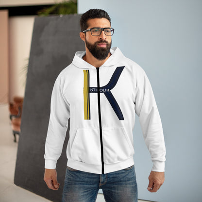 Trendy Unisex Zip Hoodie with 'K' and 'KTHOLIK' Design - Perfect for Everyday Wear