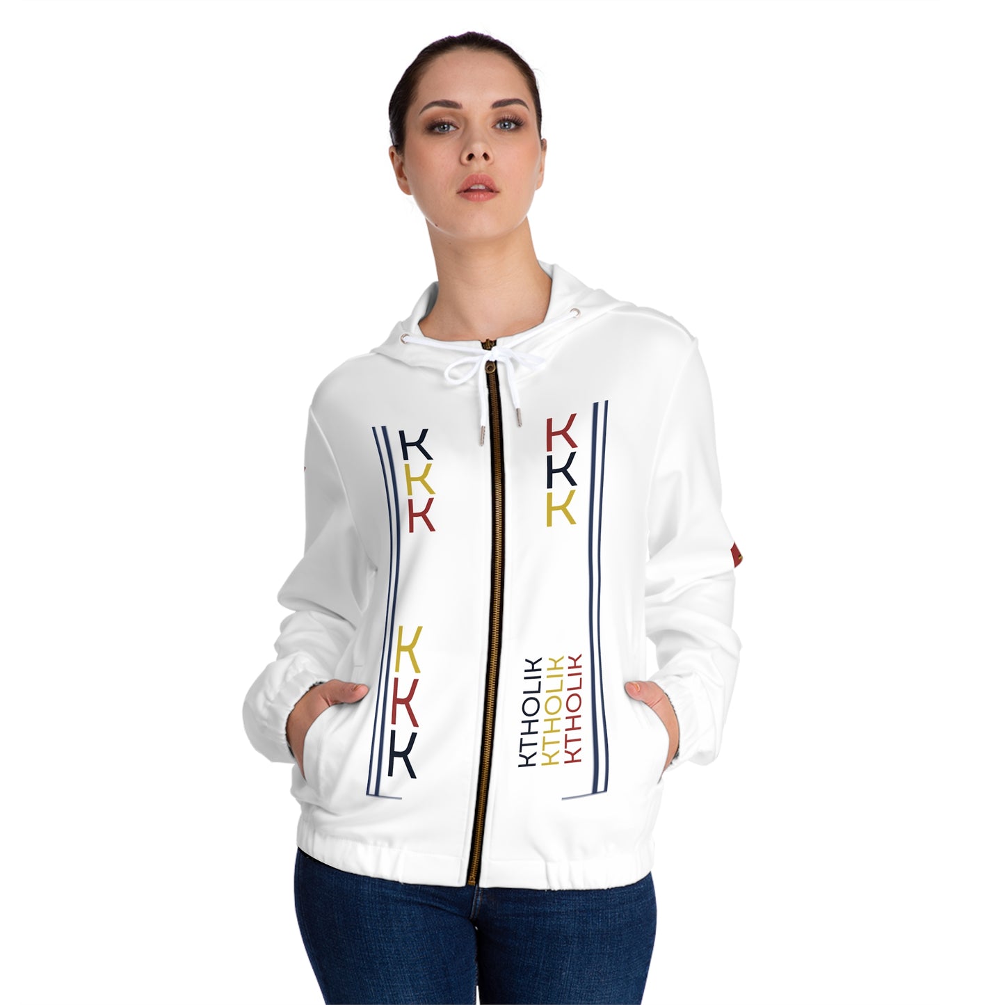 9k Women's Full-Zip Hoodie with Colorful Shield Emblems - Stylish & Functional Layer for Everyday Wear