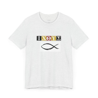 FISH IXO  Unisex Jersey Short Sleeve Tee – Graphic Shield Design for Faith and Style